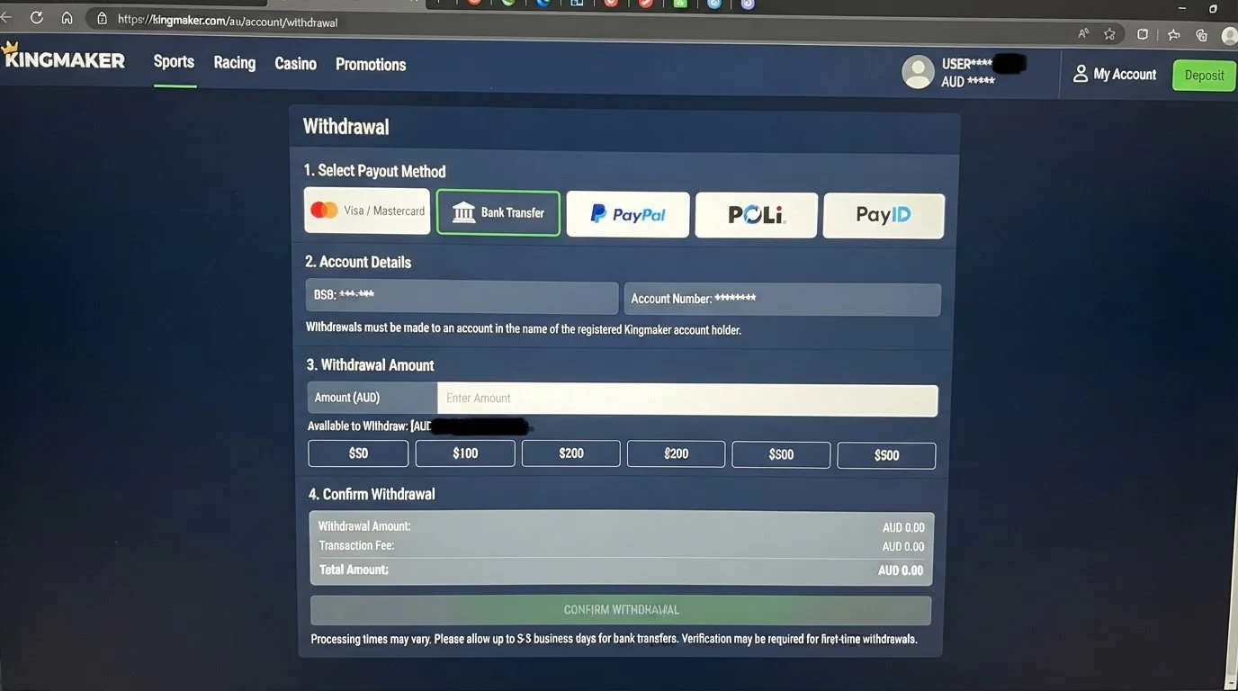 Kingmaker Australia cashier or withdrawal screen showing payout options and account controls