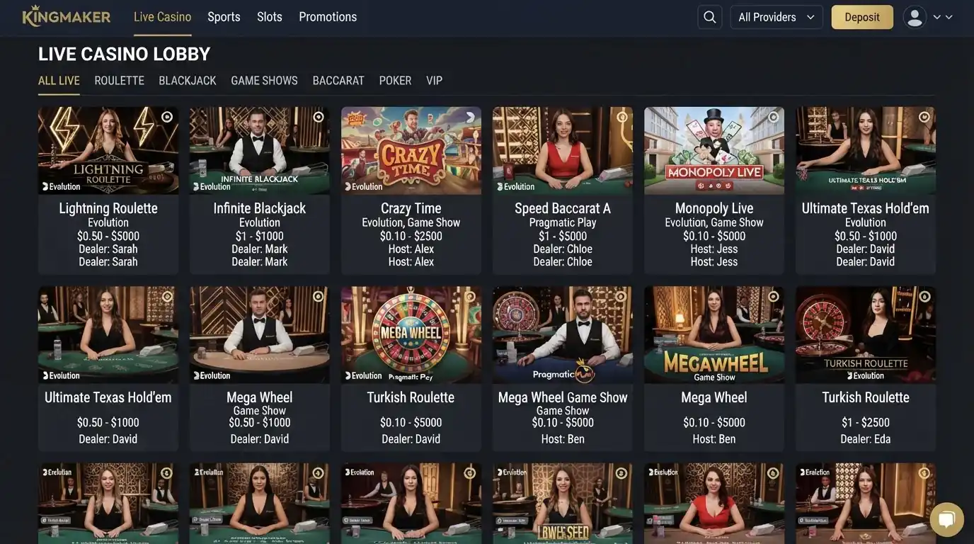 Kingmaker Australia live casino lobby showing live dealer categories and tables