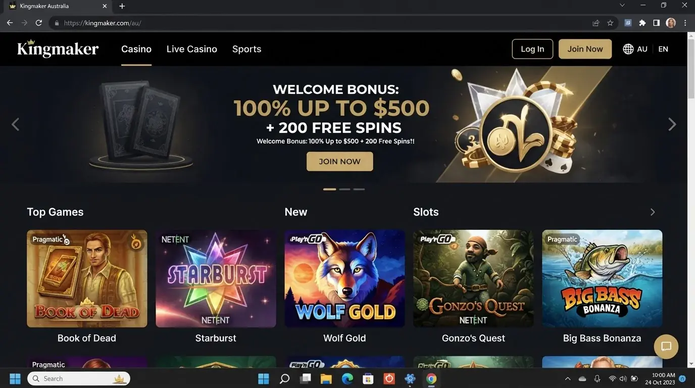 Kingmaker Australia homepage showing the casino, live casino and sports navigation