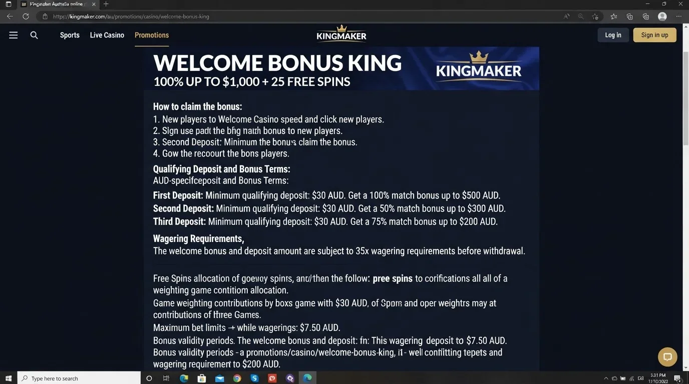 Kingmaker Australia welcome promotion page with AUD deposit bonus terms
