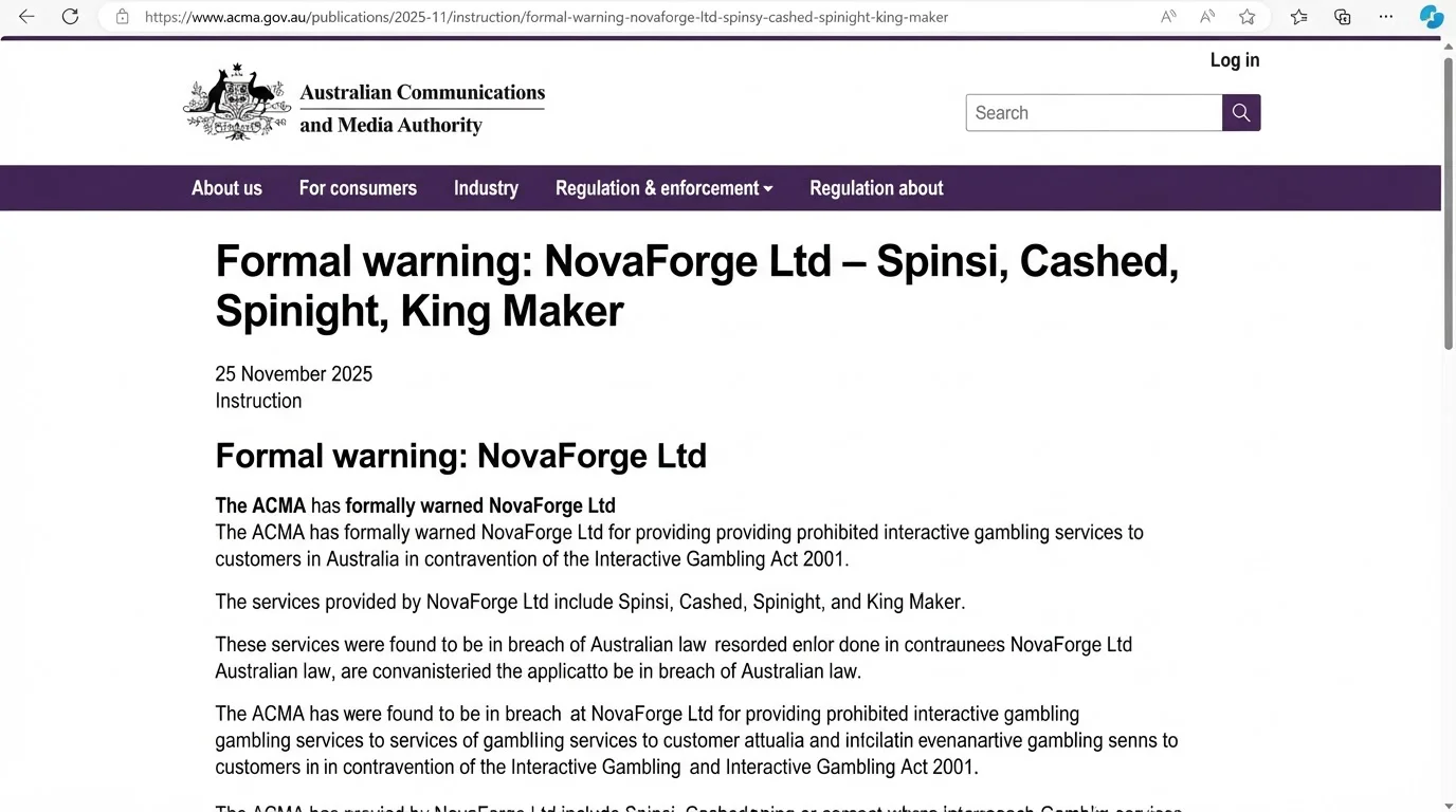 ACMA page showing Australian interactive gambling regulatory and enforcement information relevant to King Maker